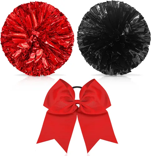 Miniatura 12 de Set de 3 pompones de animadora de 30 cm y gran sujetador de moño de cola de caballo para niña, grandes pompones metálicos de animadora para el Negro