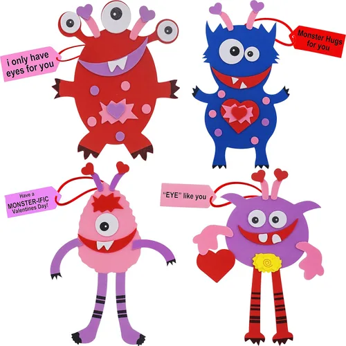 4E's Novelty Adorno de manualidades de monstruo de San Valentín (paquete de 12) para manualidades de espuma para el día de San Valentín para niños,