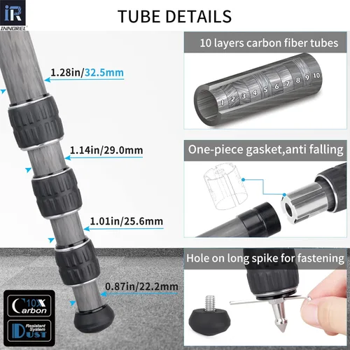 Miniatura 5 de Trípode de fibra de carbono INNOREL KT324C Trípode de viaje compacto portátil profesional para cámara DSLR, soporte de soporte resistente, tubo