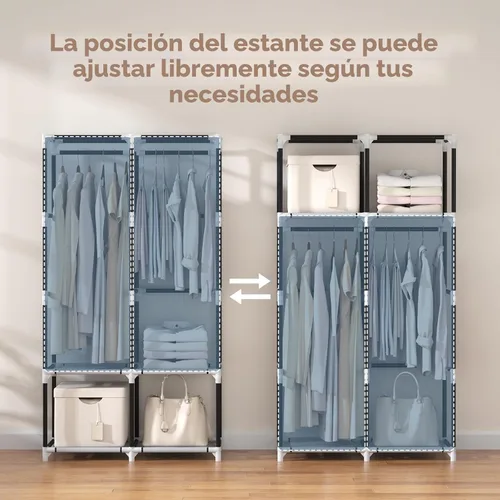 Miniatura 7 de VTRIN Armario portátil para colgar ropa con 4 estantes de almacenamiento, 2 varillas para colgar y 6 bolsillos, estante de ropa estable y de fácil