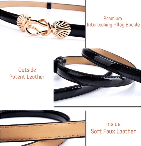 Miniatura 7 de Cinturón ajustado de piel de charol para mujer, cinturón de cintura ajustable con hebilla de aleación de color dorado sólido