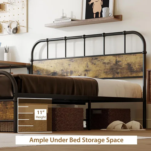 Miniatura 5 de Giantex Base de cama de metal tamaño Queen con cabecera de madera, base de cama de plataforma industrial con listones de metal resistente, base