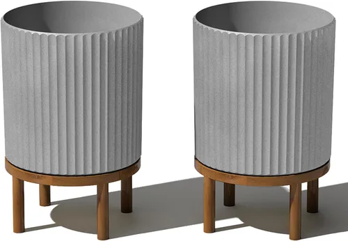 Miniatura 33 de Veradek Demi Series - Maceta redonda con soporte para porche o patio, compuesto de piedra de plástico duradero y soporte de madera, decoración