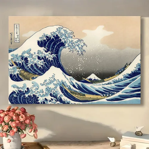 Miniatura 2 de Póster de lienzo impreso con texto en inglés «The Great Wave off Kanagawa» de Katsushika Hokusai, arte de pared, pintura retro, estética, decoración