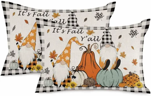 Juego de 2 fundas de almohada de otoño de 20 x 12 pulgadas, diseño de gnomo de calabaza, fundas de cojín decorativas, fundas de almohada lumbares a