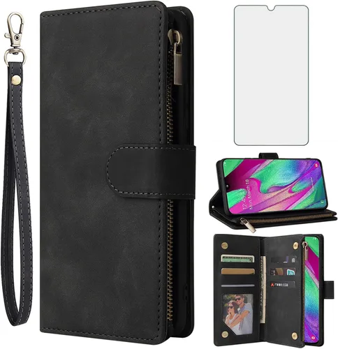 Asuwish Compatible con Samsung Galaxy A70 - Funda tipo cartera de vidrio templado, protector de pantalla y portatarjetas, accesorios celulares, Negro