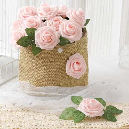 Miniatura 7 de DerBlue 60 rosas artificiales de aspecto real, rosas artificiales de espuma para decoración de bodas, arreglos, fiestas, decoración del hogar