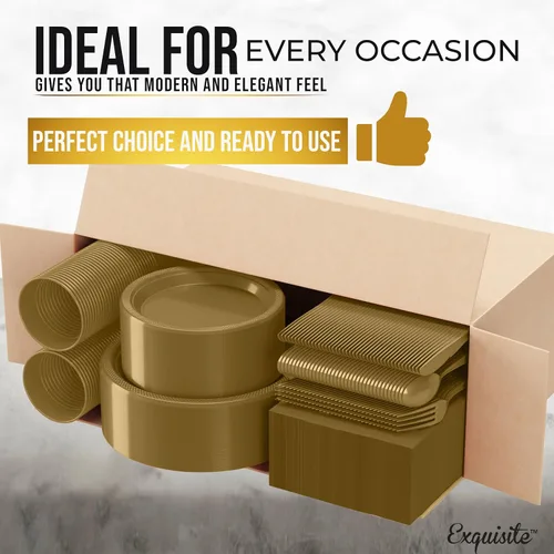 Miniatura 3 de 350 Piezas Platos de Plástico Dorados Para Fiestas, Juego de Platos Desechables Dorados, 50 de Cada Juego de Platos de Cena de 9", Plato de Postre