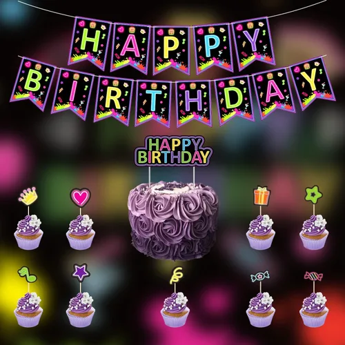 Miniatura 9 de Paquete de 247 suministros de fiesta de neón que brillan en la oscuridad, decoraciones de fiesta con luz negra, platos, pancartas de luz negra