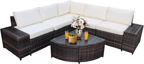 Miniatura 10 de Tangkula Juego de 6 muebles de mimbre para patio, juego de conversación de ratán PE para exteriores para todo tipo de clima, con mesa de centro