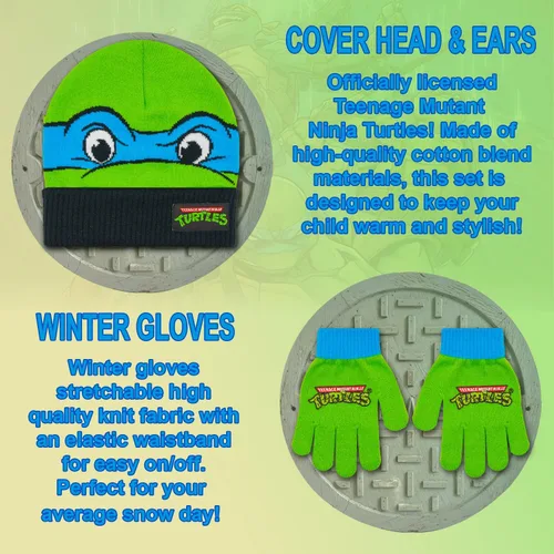 Miniatura 2 de Teenage Mutant Ninja Turtles - Gorro de invierno para niños de 4 a 12 años con guantes de invierno, conjunto de gorro y guantes de invierno TMNT