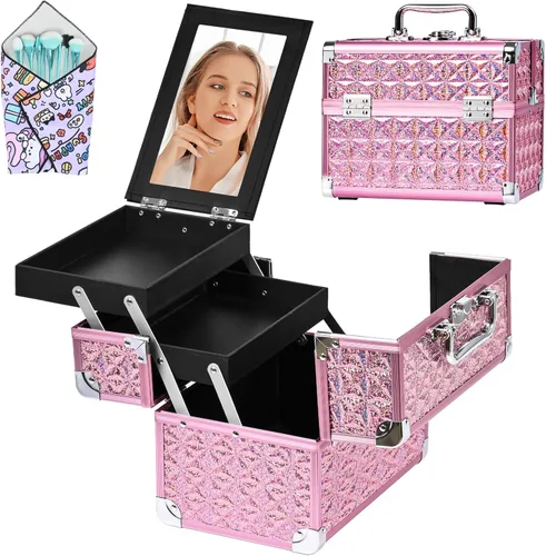 Miniatura 13 de Neceser de Tren de Maquillaje, Estuche de Maquillaje Portátil con Espejo, Organizador de Cosméticos de 2 Bandejas, Organizador de Esmalte de Uñas