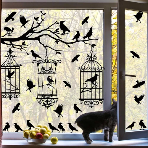 Miniatura 4 de Calcomanías de pared de ramas de árbol de Halloween, cuervo negro, pájaro, pájaro, pelar y pegar, calcomanías de cuervo para jaula de pájaro, Jaula