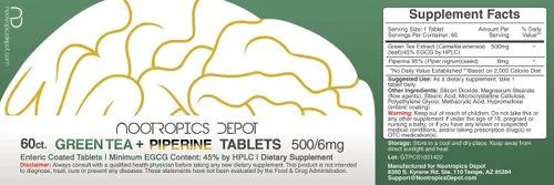 Miniatura 2 de Nootropics Depot Tabletas de extracto de té verde 60 unidades 500 mg Mínimo 45% EGCG + 6 mg de piperina Recubierto entérico