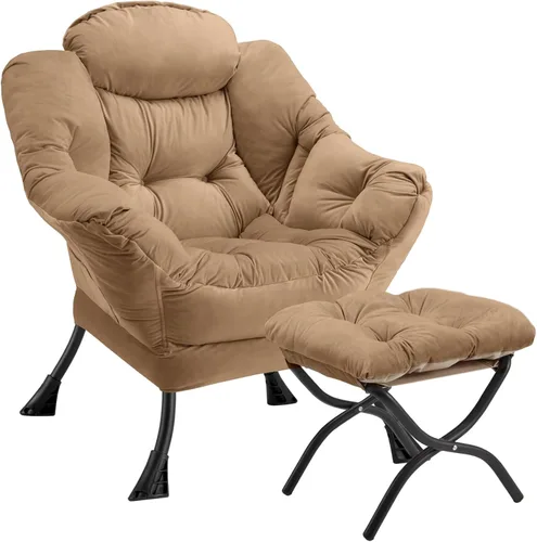 Miniatura 24 de Silla perezosa con otomana plegable, sofá de ocio, sillón de tela suave con reposabrazos y bolsillos laterales, silla de lectura con reposapiés