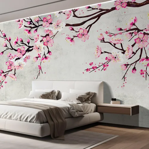 Miniatura 4 de wall26 - Mural de pared grande - Pintura de tinta estilo acuarela, flor de cerezo rosa sobre fondo de pared vintage, papel tapiz de vinilo Obra