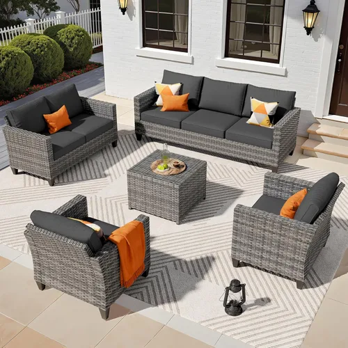 Miniatura 14 de ovios Juego de muebles de patio de 6 piezas, sillas giratorias de mimbre para exteriores con mesa para fogatas de 30 pulgadas, juego de mecedoras