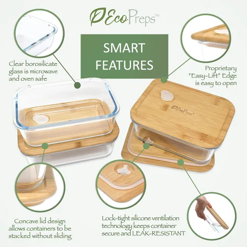 Miniatura 4 de EcoPreps Recipientes de vidrio para preparar comida con tapas de bambú (paquete de 3) - 100% libres de plástico, contenedores de almuerzo
