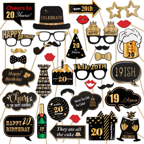 LINGTEER Accesorios para fotomatón de fiesta de cumpleaños feliz 20, saludos a cumpleaños 20, accesorios de decoración para fiesta de cumpleaños de