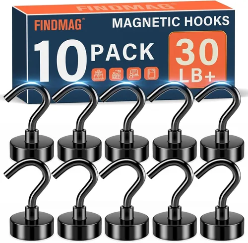 FINDMAG Paquete de 10 ganchos magnéticos negros, ganchos magnéticos de neodimio de 30 libras para colgar, ganchos magnéticos fuertes con ganchos