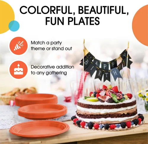 Miniatura 5 de Exquisite Party Solids - Platos de plástico naranja para suministros de fiesta, platos desechables de 10 pulgadas, 50 piezas, juego de vajilla