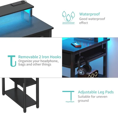 Miniatura 5 de Lufeiya Escritorio para juegos con luces LED y tomas de corriente, escritorio de oficina en casa de 47 pulgadas con soporte para monitor y estantes