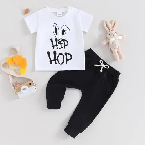 Miniatura 2 de Ledy Champswiin Trajes de Pascua para bebé, camiseta de manga corta con letras, tops y pantalones deportivos para niños pequeños, ropa de primavera
