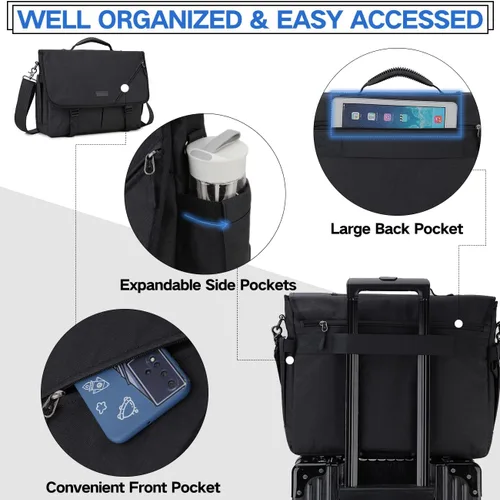 Miniatura 3 de Bolsa de mensajero para hombre, ligera, resistente al agua, 15.6 pulgadas, bolsa para laptop, bolsa de hombro para oficina de negocios Negro