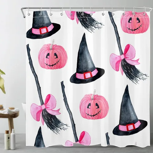Miniatura 22 de LB Cortina de ducha de feliz Halloween para baño, flamenco rosa y calabaza naranja con sombrero mágico, cortina de ducha de tela con ganchos, juego