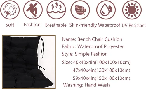 Miniatura 2 de Cojines de banco de repuesto suaves y gruesos con lazos, cojín para silla colgante, cojín de sofá tatami para suelo, almohadilla de banco Negro