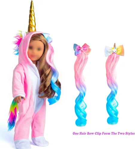 Miniatura 2 de Ropa para muñeca de 18 pulgadas, disfraz de unicornio, pijama y mameluco con arcoíris, pinzas de pelo con moño. Se ajusta a muñecas de 18 pulgadas