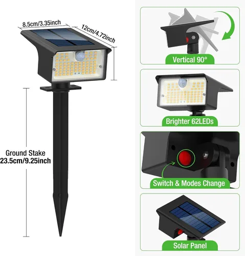 Miniatura 7 de [Paquete de 3 y 62 LED] Reflectores Solares para Exteriores con Sensor de Movimiento, 3 Modos de Sensor de Movimiento, Luces para Exteriores, 2