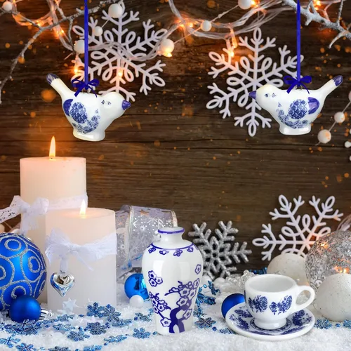 Miniatura 6 de Funtery Adornos de porcelana azul y blanca de 9 piezas, colgantes colgantes de calabaza de otoño de Chinoiserie, adornos de cerámica para árbol