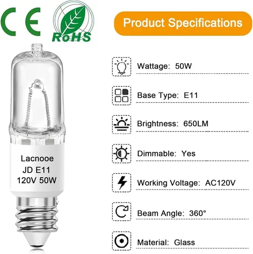 Miniatura 3 de Bombilla E11, Bombillas de Luz Halógenas JDE11 120V 50W, Base de Mini Candelabro T4, Regulable 2700K Blanco Cálido, 4PCS Bombilla de Luz E11
