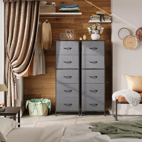 Miniatura 4 de WLIVE Cómoda de tela, cómoda alta de 5 cajones para dormitorio, organizador de almacenamiento con cubos de tela, parte superior de madera, marco