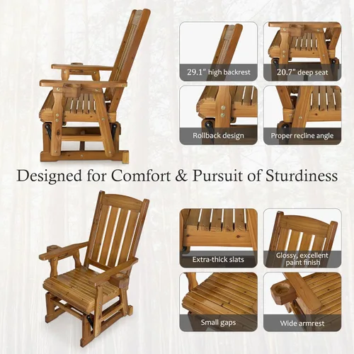 Miniatura 5 de Fortune Candy Planeador de madera para patio para una persona, con respaldo alto y asiento contorneado profundo, madera de abeto maciza, resistente
