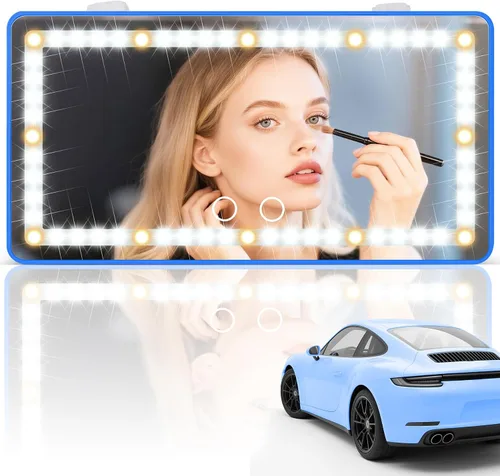 Miniatura 15 de SINGARO Espejo de tocador con visera solar para automóvil, espejo de maquillaje recargable con 60 LED, 3 modos de luz y control táctil regulable