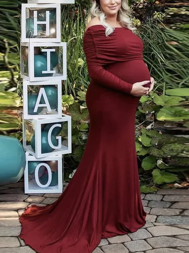 Miniatura 3 de Glampunch Vestido de maternidad con hombros descubiertos, manga larga, fruncido, vestido de maternidad para baby shower, fotografía, vestido