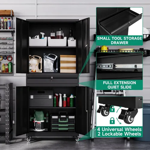Miniatura 5 de Letaya Armario de almacenamiento de metal para garaje con ruedas, gabinete de herramientas con 4 puertas, estantes ajustables con cerradura y 1 Negro