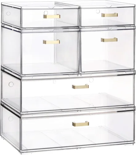 LALOBLUE Cajones de almacenamiento apilables, paquete de 6 cubos organizadores de acrílico transparente con asas doradas, cajones de plástico de
