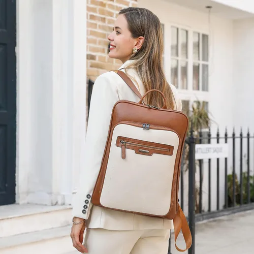 Miniatura 2 de CLUCI Mochila de cuero para computadora portátil de 15.6 pulgadas para mujer, mochila grande de viaje para negocios, trabajo, color blanco roto
