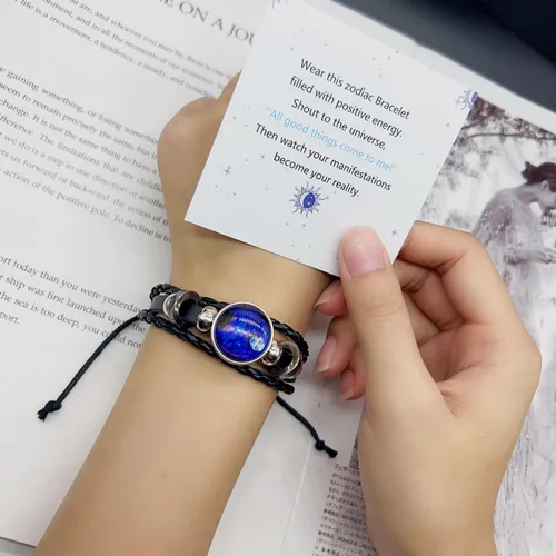 Miniatura 3 de ZZ ZINFANDEL Pulsera de espíritu de signos del zodiaco, 12 constelaciones hechas a mano con cuentas tejidas multicapa de cuero ajustable, accesorios
