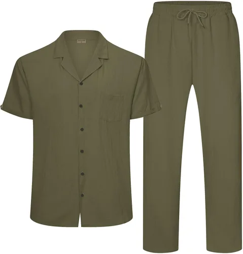 Miniatura 30 de RPOVIG Conjunto de camisa de lino y pantalones: conjuntos de lino de 2 piezas para hombre, camisas de manga corta, pantalones de yoga, trajes