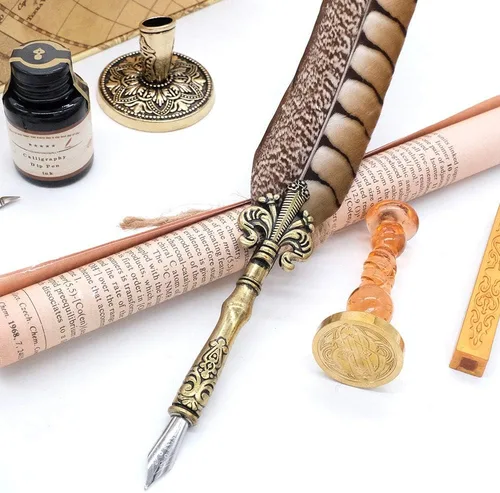 Miniatura 5 de Pluma antigua pluma único medio patrón pluma conjunto con 6 plumas, 1 botella de tinta, 1 sello sello 1 portalápices 1 cera de sellado LL-149
