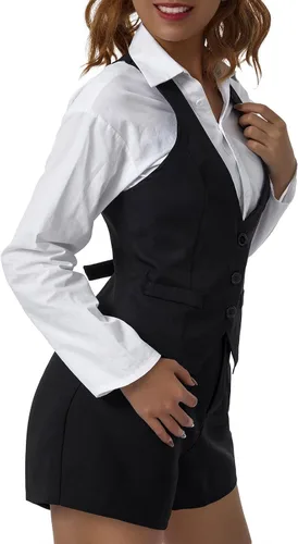 Miniatura 4 de XBTCLXEBCO Chaleco elegante para mujer con espalda cruzada con botones vintage steampunk sin mangas traje de esmoquin