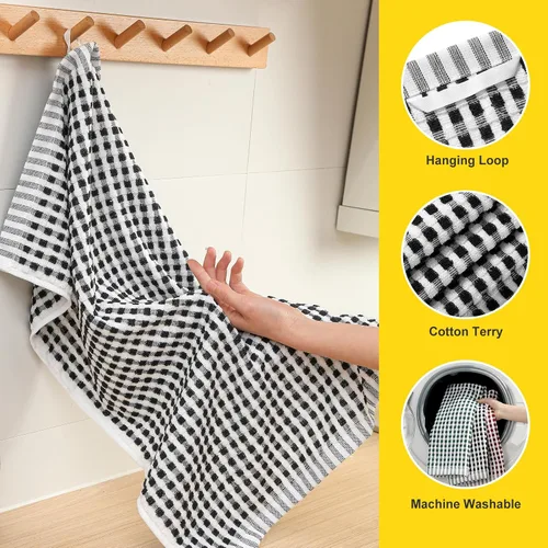 Miniatura 3 de SALAS Paños de cocina de algodón para secar platos de cocina, toallas de cocina de rizo de celosía, paños de cocina altamente absorbentes con lazo