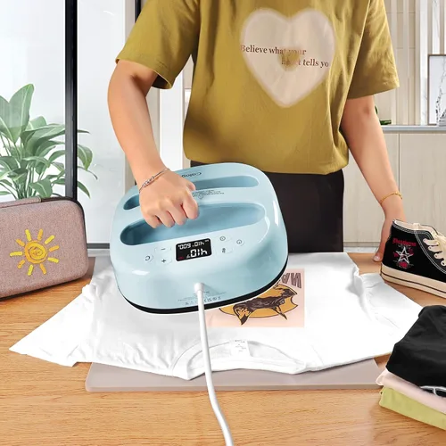 Miniatura 6 de Calogy Máquina de prensa de calor para camisetas de 10 x 10 pulgadas, prensa de calor portátil rápida hasta 410 °F (210 ºC), control preciso de Azul