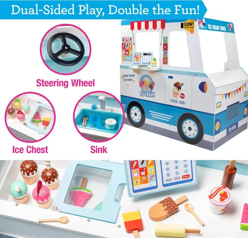 Miniatura 5 de Juego de camión de helados de madera - 20 piezas de juguetes divertidos incluyendo congelador, volante, fregadero y lámina de pegatinas para niños