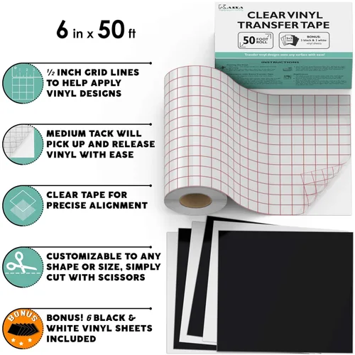 Miniatura 2 de Kassa Cinta de transferencia para vinilo, transparente, 6 pulgadas x 50 pies, 3 hojas de vinilo blanco y negro incluidas, compatible con Cricut