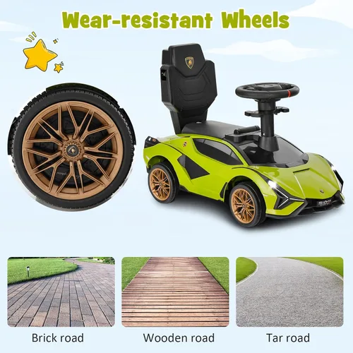 Miniatura 8 de INFANS 3 en 1 Coche de paseo con licencia Lamborghini, cochecito de bebé con empuje, coche de paseo deslizante con asa de empuje, música, USB, faro